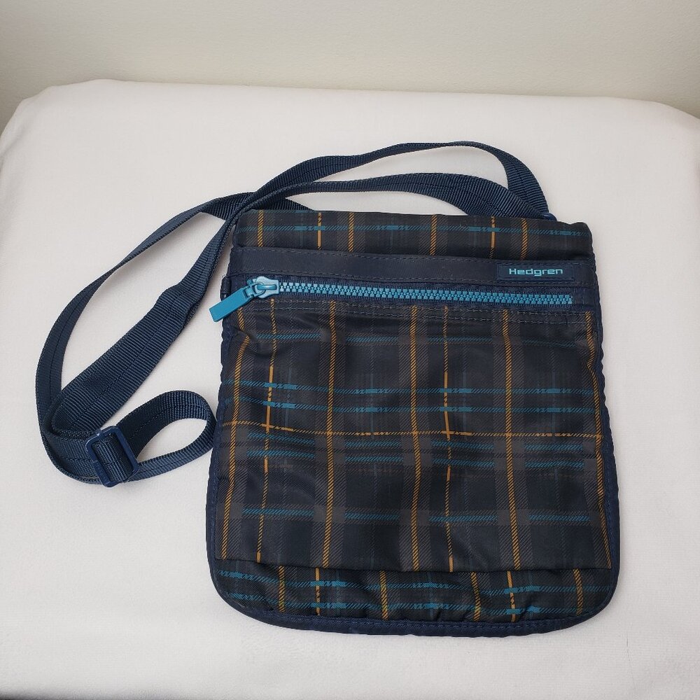 Hedgren Blue Tartan Print Crossbody/Shoulder Bag Slim Profile With RFID 9x9